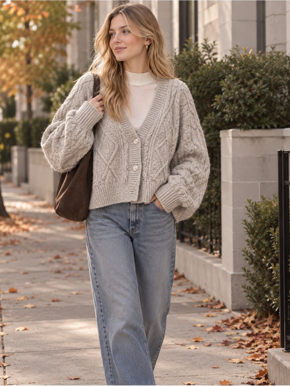 Blue Bird Chunky Cable-Knit V-Neck Cardigan - Light Gray